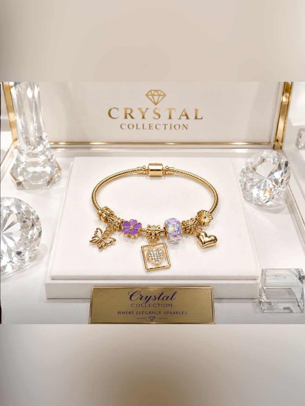 Gold Charm Bracelet with Purple Flower & Heart Accents